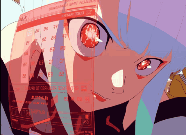 a girl with red eyes is looking at a computer screen that says ' oham 3000 '