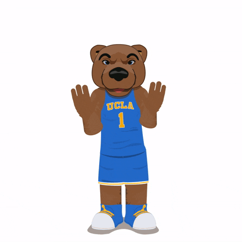 a cartoon bear wearing a ucla 1 jersey