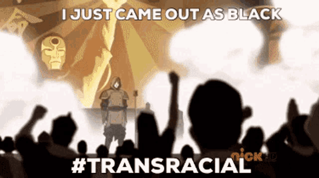 a cartoon of a man standing in front of a crowd that says " i just came out as black "