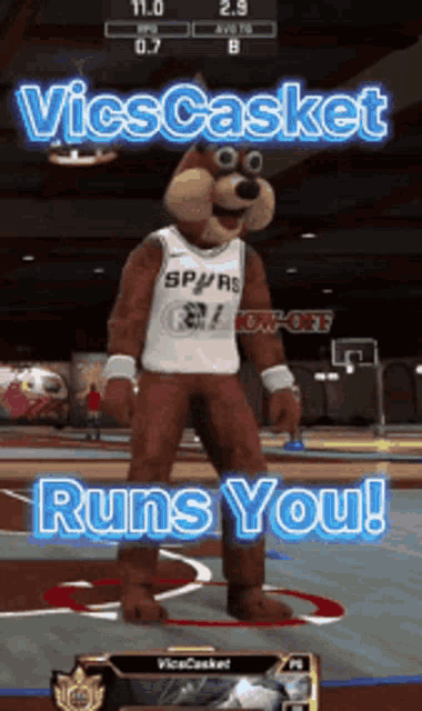 a mascot wearing a spurs jersey runs you