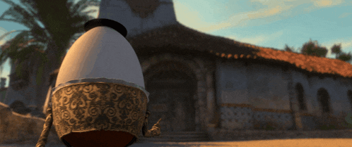 a cartoon egg is standing in front of a church