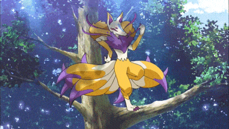 a cartoon drawing of a fox with purple tails standing on a tree branch