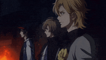 three anime characters are standing next to each other and one of them is holding a microphone in his hand
