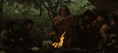a group of people sitting around a campfire in the woods