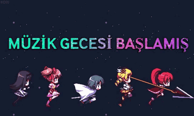 a cartoon of a group of girls with the words muzik gecesi baslamis in the background