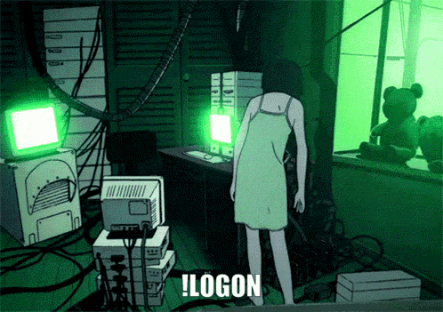a cartoon of a woman standing in a dark room with the word logon written on the bottom
