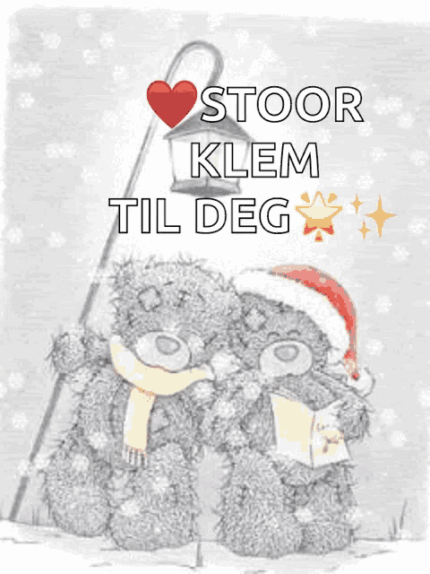a couple of teddy bears in the snow with the words stoor klem til deg