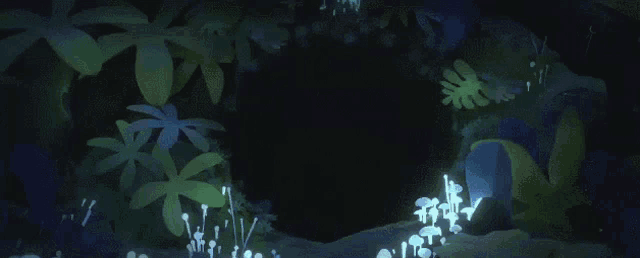 a cartoon character is standing in a dark cave