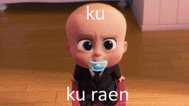 a baby in a suit and tie is sitting on a red chair with a pacifier in its mouth .