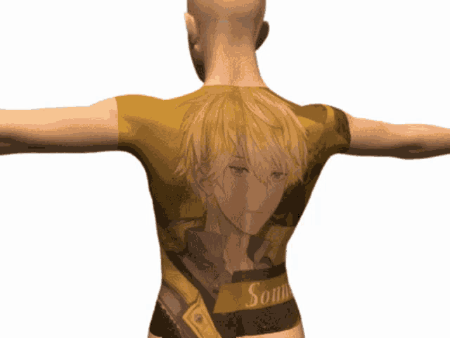 a bald man with a tattoo on his back that says somm