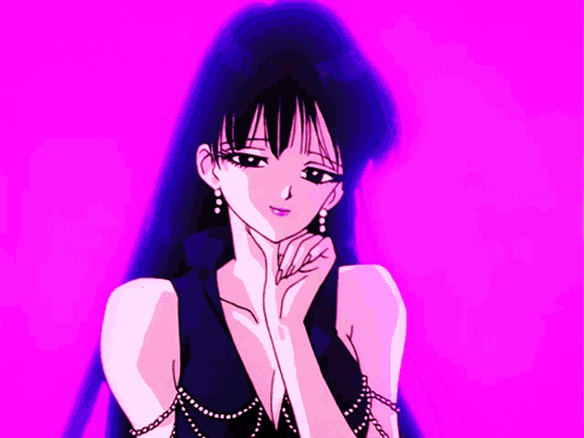 a woman in a black dress with pearls on her necklace is standing in front of a purple background