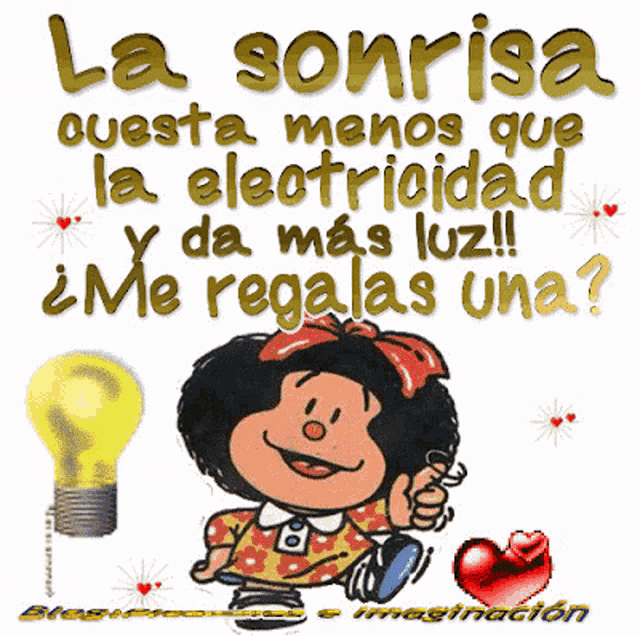 a cartoon of a girl with a light bulb and the words la sonrisa questa menos que la electricidad