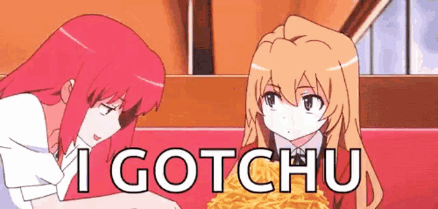 two anime girls sitting next to each other with the words i gotchu written on the bottom