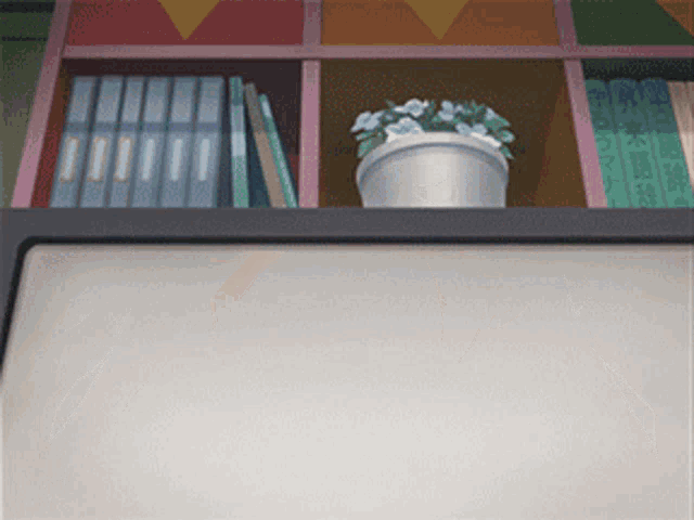 a potted plant sits on a shelf with binders