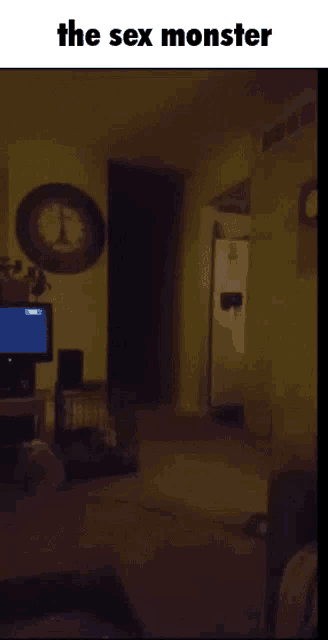 a picture of a living room with the words the sex monster on the top