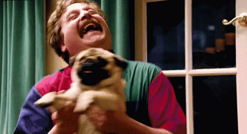 a man is holding a pug puppy and laughing