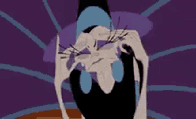 a cartoon character is standing in front of a purple background and holding something in his hand .