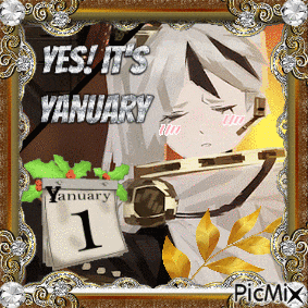 a picture of a girl with a gun and a calendar that says january 1 on it