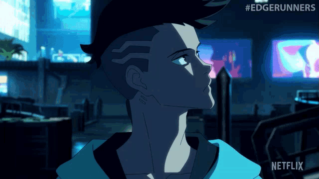 a cartoon of a man with a shaved head and the words #edgerunners on the bottom