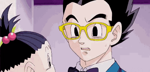 a cartoon character wearing glasses is talking to a little girl .