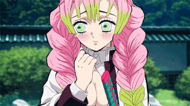 a girl with pink hair and green eyes is holding a sword in her hands