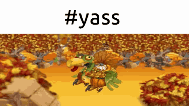 a cartoon of a bird with a pumpkin on its back and the words #yass above it