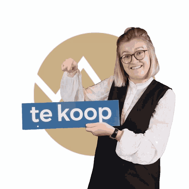 a woman holds a sign that says te koop