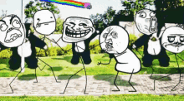 a group of troll faces are standing in a park with a rainbow in the background