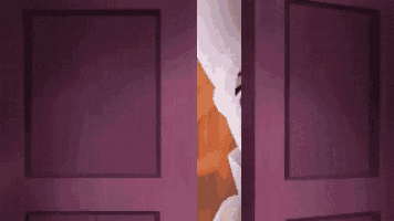 a cartoon character is peeking out from behind a door .