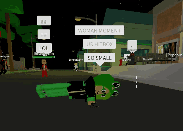 a girl in a green outfit is laying on the ground in a video game and says woman moment
