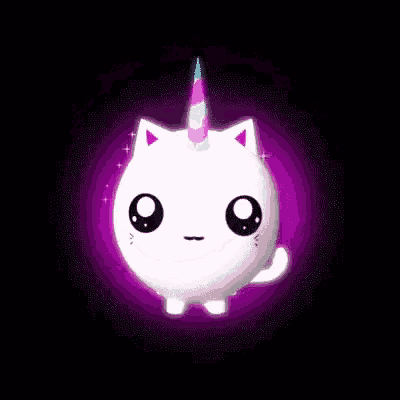 a white cat with a unicorn horn is floating in a purple circle on a black background .