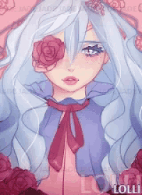 a painting of a girl with white hair and a rose in her eye
