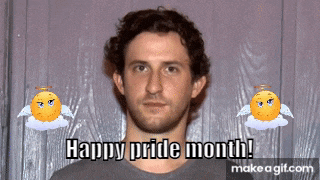 a happy pride month greeting with a man in the background