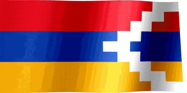 a red blue and yellow flag with a white cross on the right side