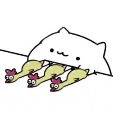 a cartoon cat is holding three rubber chickens .