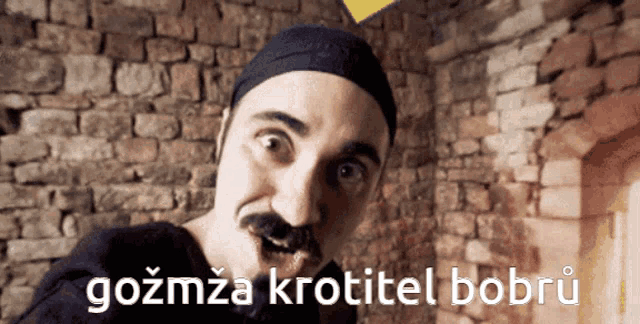 a man with a mustache is standing in front of a brick wall with the words gozmza krotitel bobru written on it