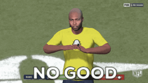 a man wearing a yellow shirt with a snapchat logo on it says no good