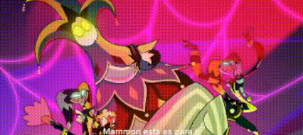 a group of cartoon characters are standing next to each other on a purple background .