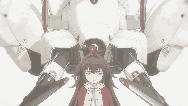 a girl in a red coat stands in front of a large robot