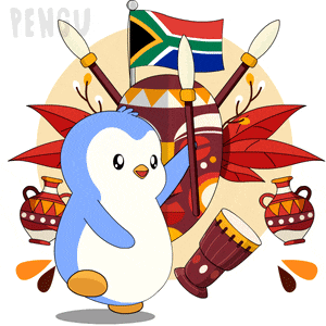 a penguin is standing in front of a shield with a south african flag
