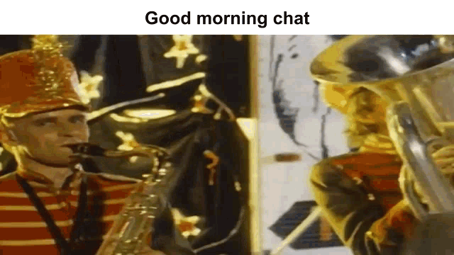 a man is playing a saxophone in a marching band while another man plays a trombone .