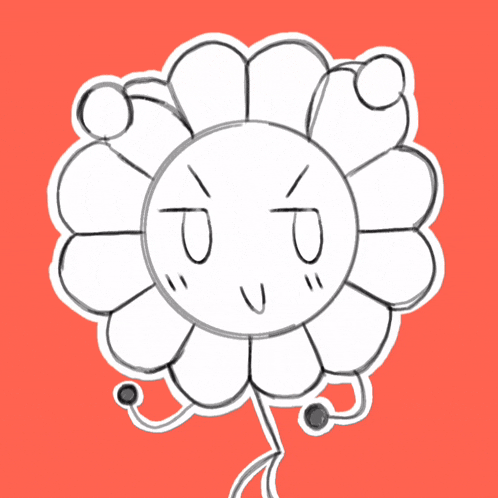 a black and white drawing of a flower with a face