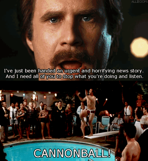 a picture of a man jumping into a pool with the caption " cannonball "