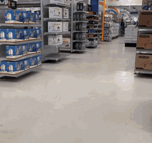 an aisle in a store with a sign that says $ 25 on it
