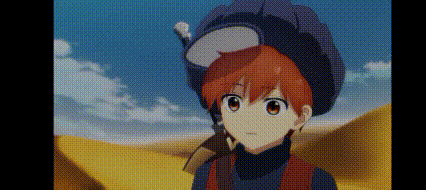a young boy with red hair and a hat is standing in a desert .