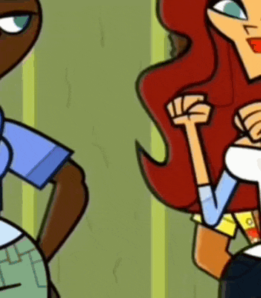 two cartoon characters are standing next to each other and one of them has a fist in the air .