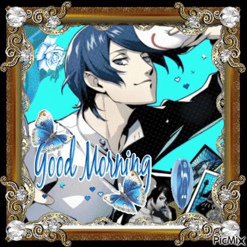 a framed picture of a man with the words good morning written on it