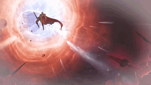 a man in a red cape is flying through a vortex in space