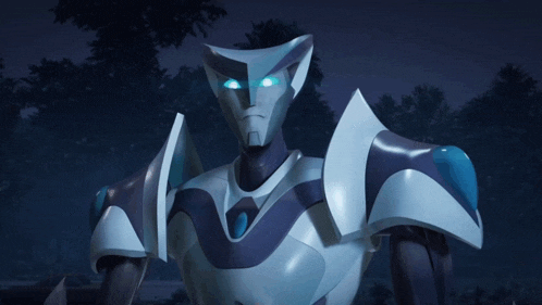 a robot with blue eyes looks at the camera