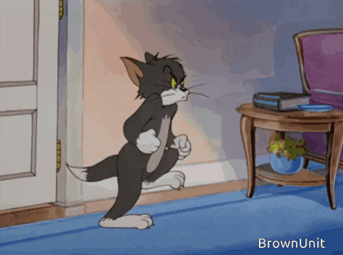 a cartoon of a cat standing in front of a door with the words brownunit below him